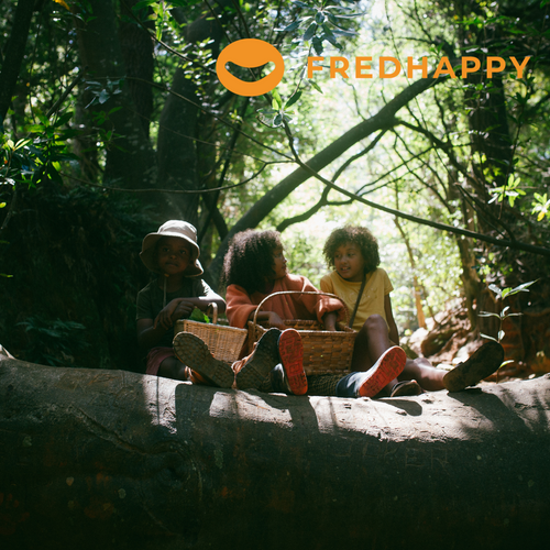 Three kids outside in a forest