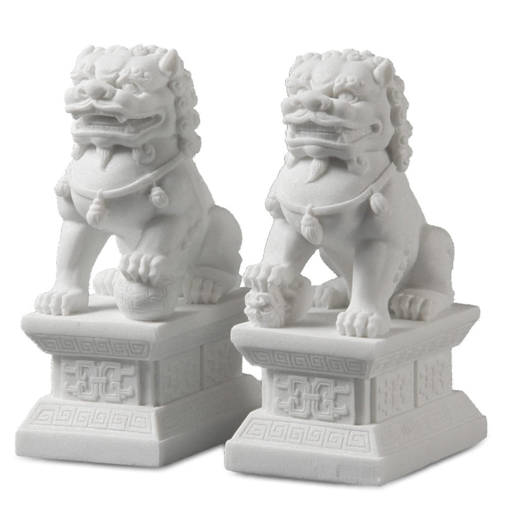 Feng Shui Wealth Prosperity Pair of Peking Fu Foo Dogs Statues White Stone Jade, Warding Off Evil Energy, Feng Shui Decor Figure,Gray,11cm - Fredhappy