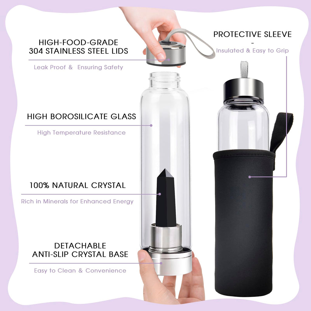 ChezMax Crystal Glass Water Bottle Energy Quartz Gemstone Water Bottle with Changeable Natural Crystal Center for Healing and Wellness - Fredhappy LLC