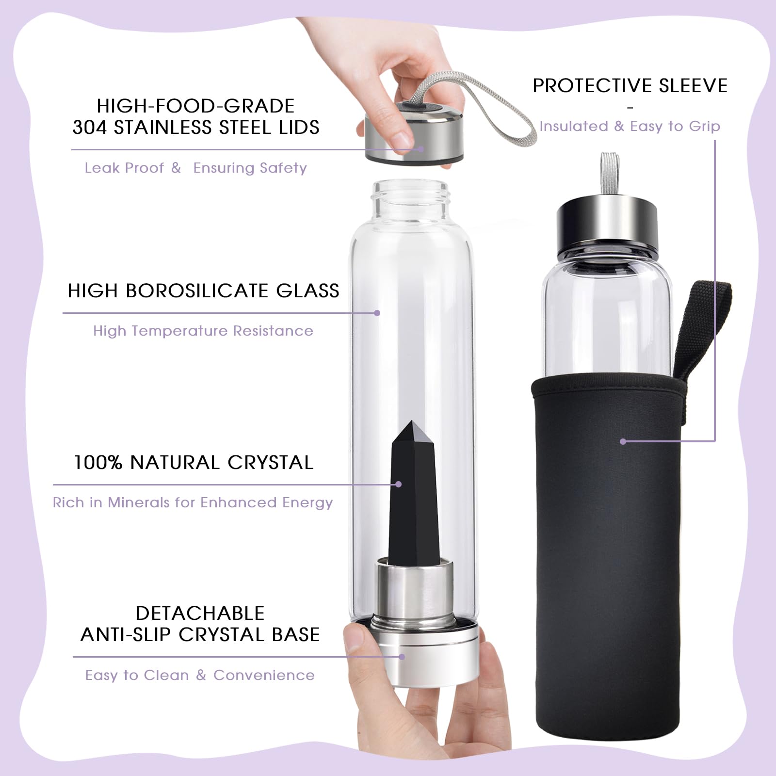 ChezMax Crystal Glass Water Bottle Energy Quartz Gemstone Water Bottle with Changeable Natural Crystal Center for Healing and Wellness - Fredhappy LLC