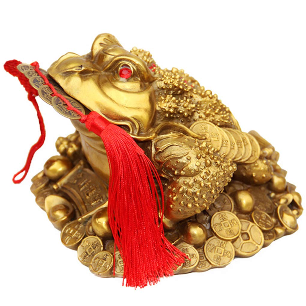 Brass Feng Shui Money Frog Three Legged Wealth Traditional Frog Money Toad Statue with Set of 5 Lucky Charm Ancient Coins on Red String Home Car Fengshui Decor (B1 Money Frog) - Fredhappy
