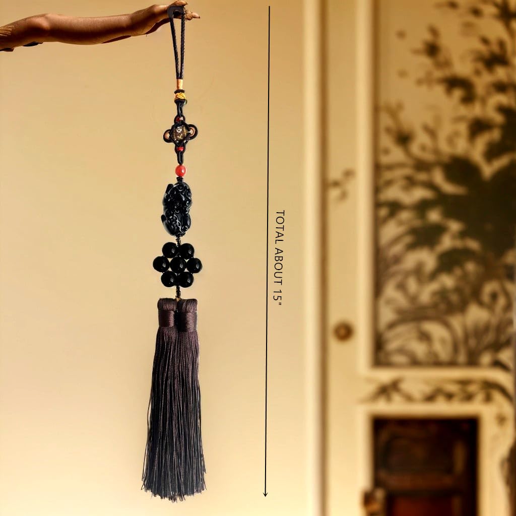 Feng Shui Black Obsidian Pi Yao Pi Xiu Car Wall Charm Hanging Tassel Ornament for Wealth Luck - Fredhappy