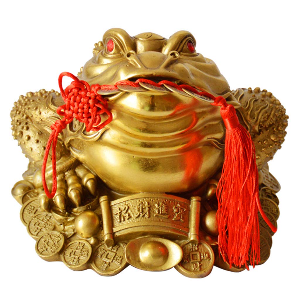 Brass Feng Shui Money Frog Three Legged Wealth Traditional Frog Money Toad Statue with Set of 5 Lucky Charm Ancient Coins on Red String Home Car Fengshui Decor (B1 Money Frog) - Fredhappy