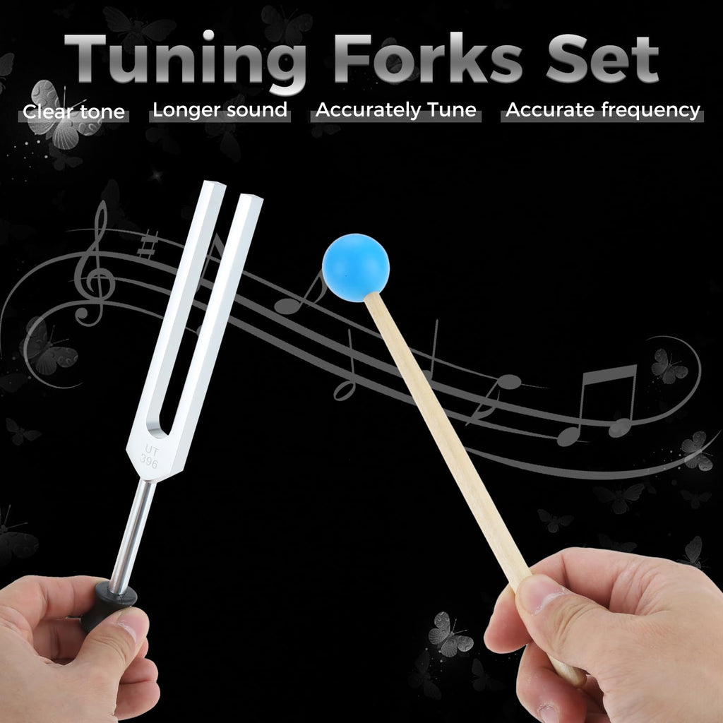 Tuning Fork Set of 6 (UT 396 Hz, RE 417 Hz, MI 528 Hz, SOL 639 HZ, FA 741 HZ, LA 852 HZ) for Sound, Musical Instrument, with Wooden Hammer and Soft Storage Bag - Fredhappy