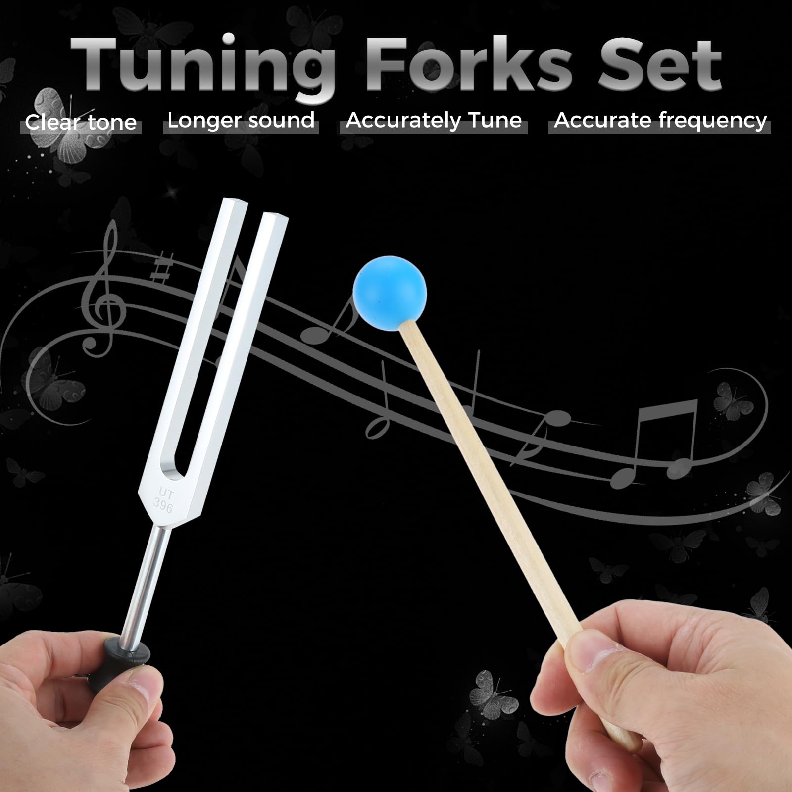 Tuning Fork Set of 6 (UT 396 Hz, RE 417 Hz, MI 528 Hz, SOL 639 HZ, FA 741 HZ, LA 852 HZ) for Sound, Musical Instrument, with Wooden Hammer and Soft Storage Bag - Fredhappy