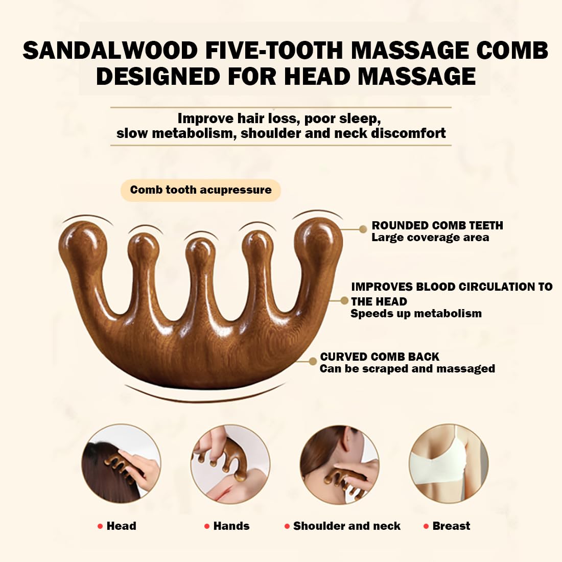 Cureder Wooden Scalp Massager - Handmade 100% Natural Green Sandalwood Wide Tooth Combs - Wood Massage Comb & Sandalwood Comb for Luxurious Hair Care - Fredhappy