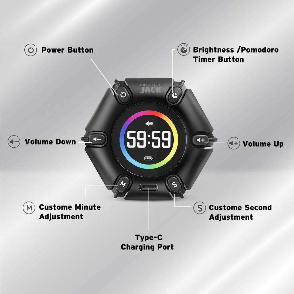 Jack Pomodoro Timer - Productivity Cube, Visual Focus Timer, Mute & Vibration & Adjustable Sound Alert, for Office, ADHD, Study, Work, 3/5/10/25/30/60min & Custom Countdown - Black - Fredhappy