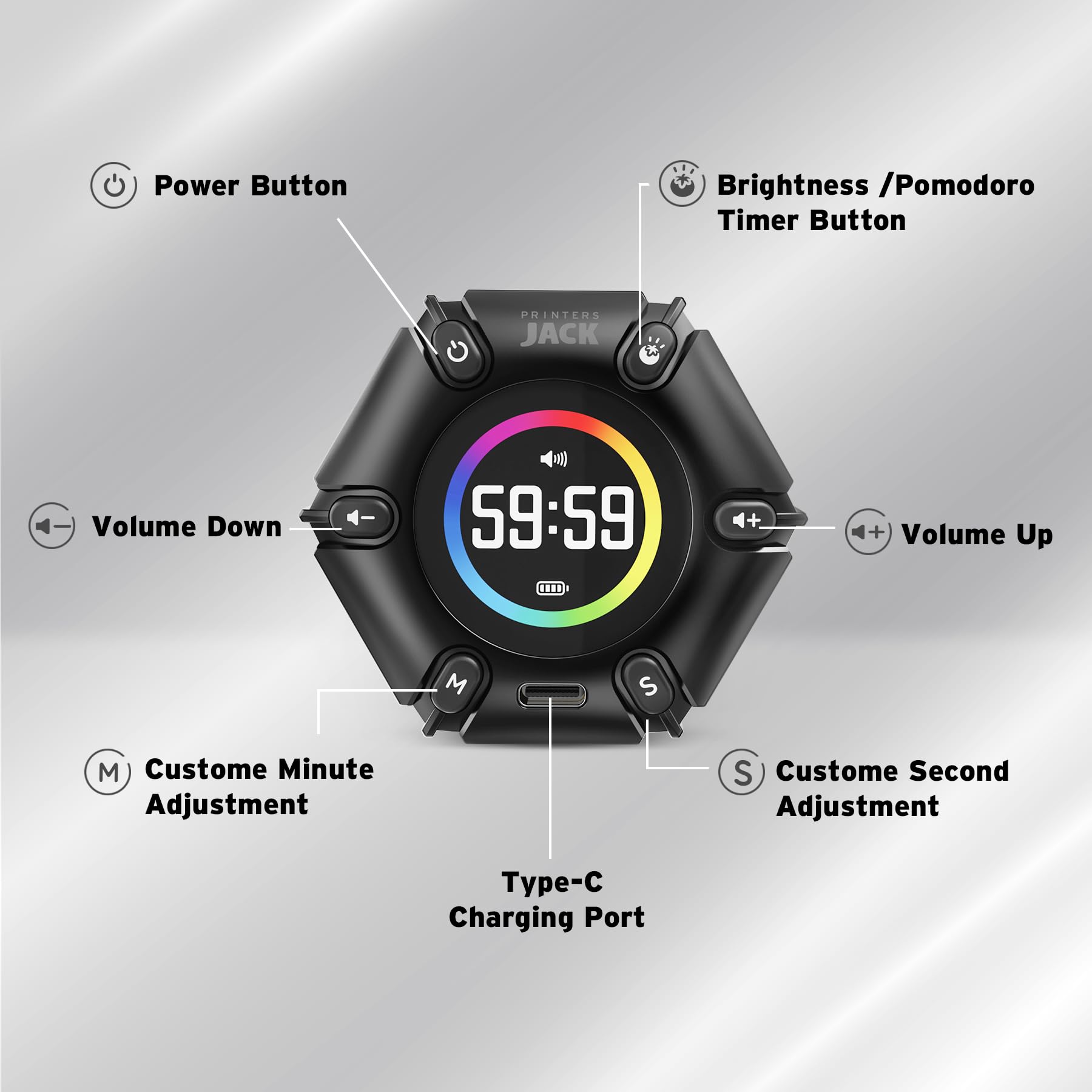 Jack Pomodoro Timer - Productivity Cube, Visual Focus Timer, Mute & Vibration & Adjustable Sound Alert, for Office, ADHD, Study, Work, 3/5/10/25/30/60min & Custom Countdown - Black - Fredhappy