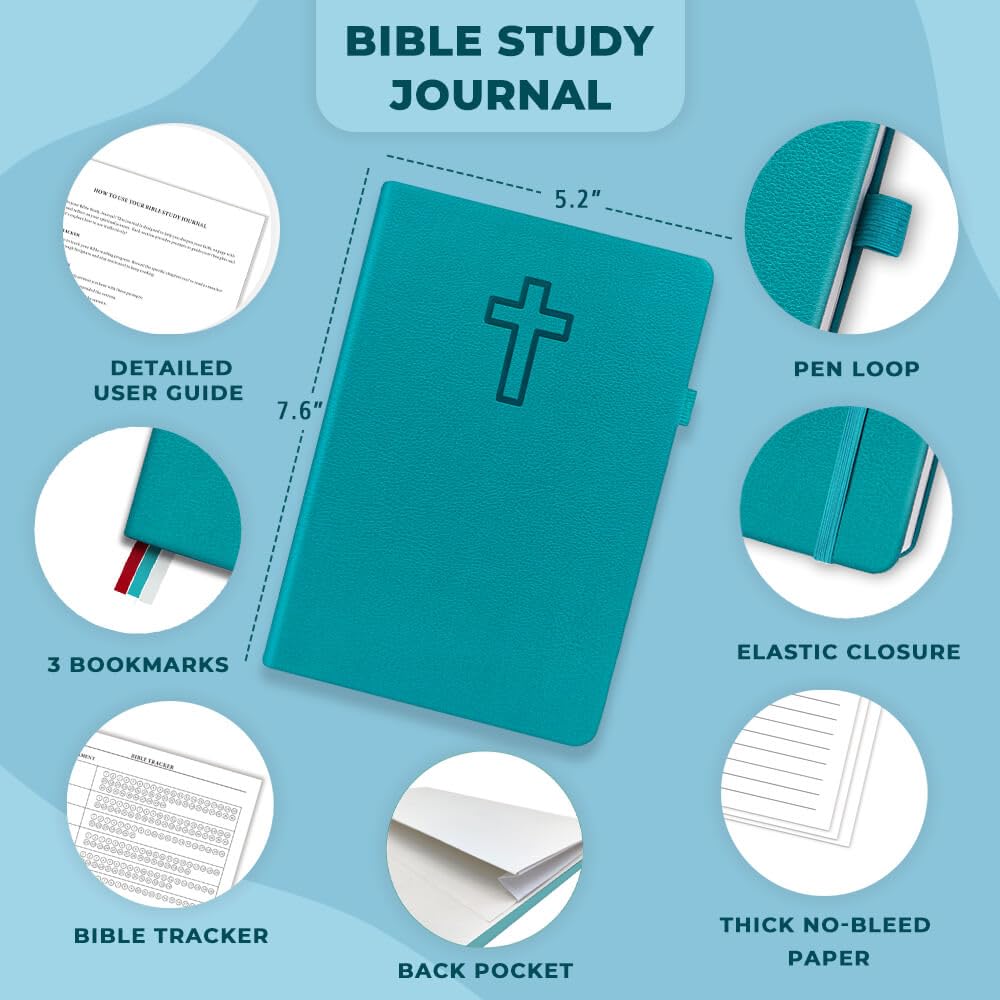 JOTFLY Bible Study Journal - Church Notes Notebook for Note Taking & Reflection - Guided Bible Study Notebook - Faith - Based Religious Gifts & Bible Study Supplies (Aquamarine) - Fredhappy LLC