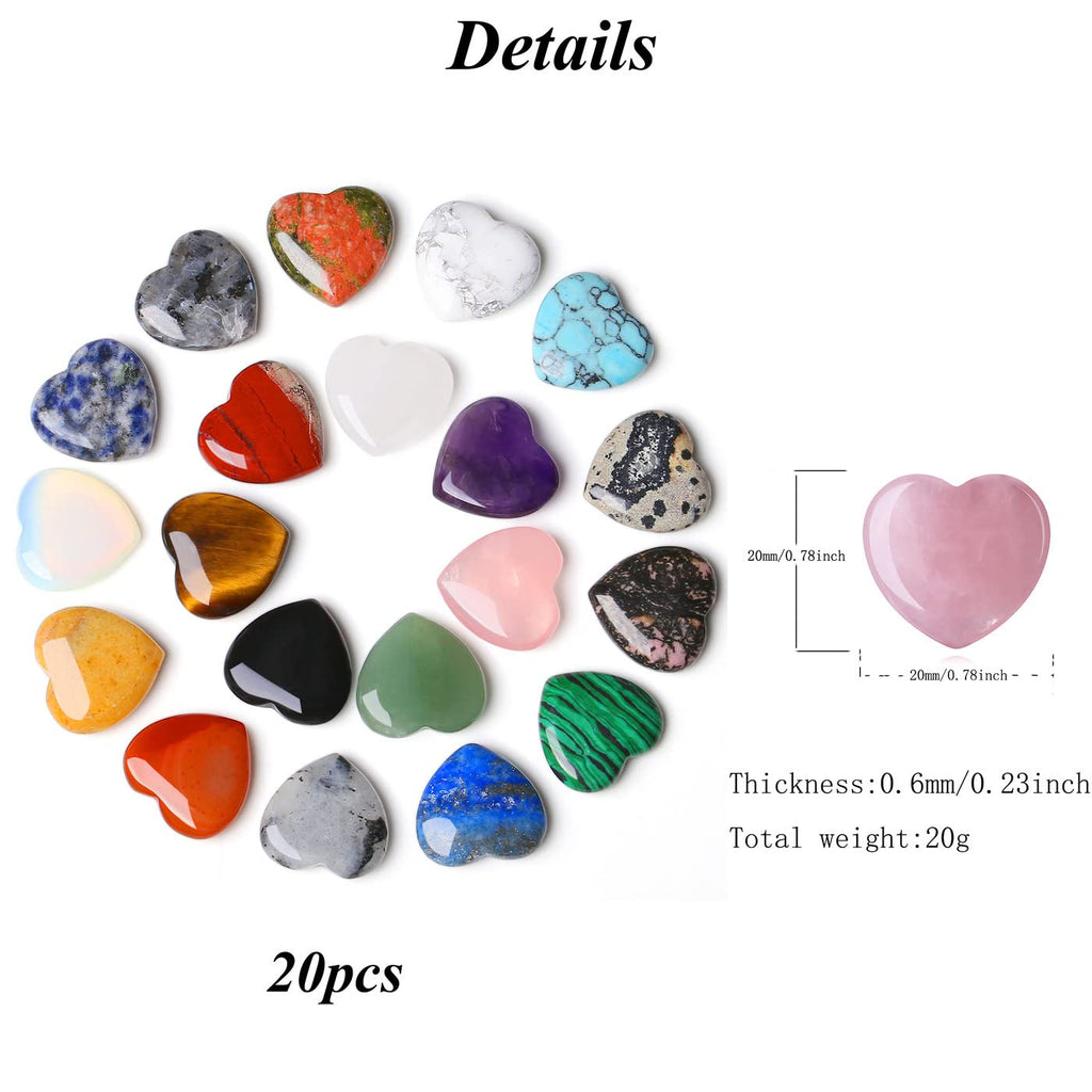 YATOJUZI 20PCS Natural Crystals and Healing Stones Set Bulk Gifts Heart Gems Gemstones Crystal Hearts Polished Thumb Pocket Chakra Stone Amethyst Rose Quartz Reiki Christmas Gifts for Women Men 0.8" - Fredhappy