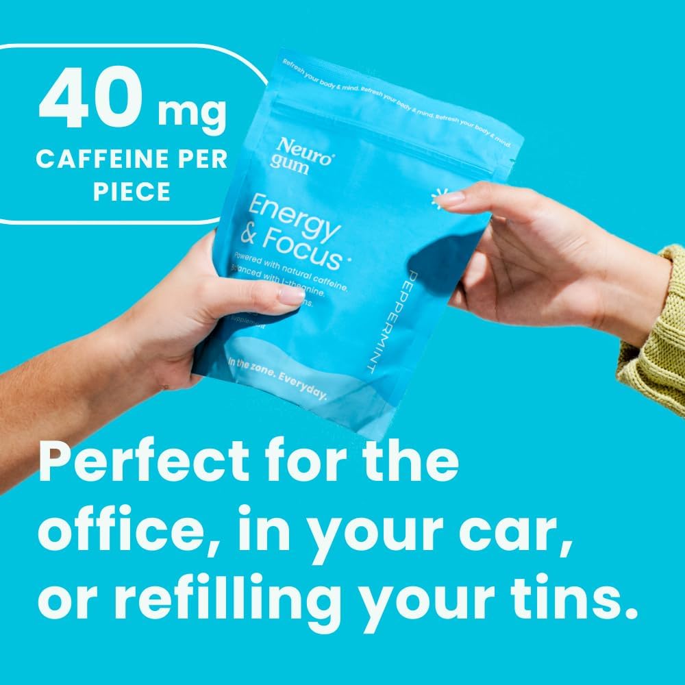 Neuro Energy & Focus Gum - 40mg Natural Caffeine Gum & Nootropic Energy Supplement with L-Theanine & B Vitamins - Sugar Free, Vegan - Peppermint, 90ct