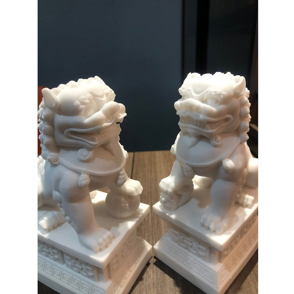 Feng Shui Wealth Prosperity Pair of Peking Fu Foo Dogs Statues White Stone Jade, Warding Off Evil Energy, Feng Shui Decor Figure,Gray,11cm - Fredhappy