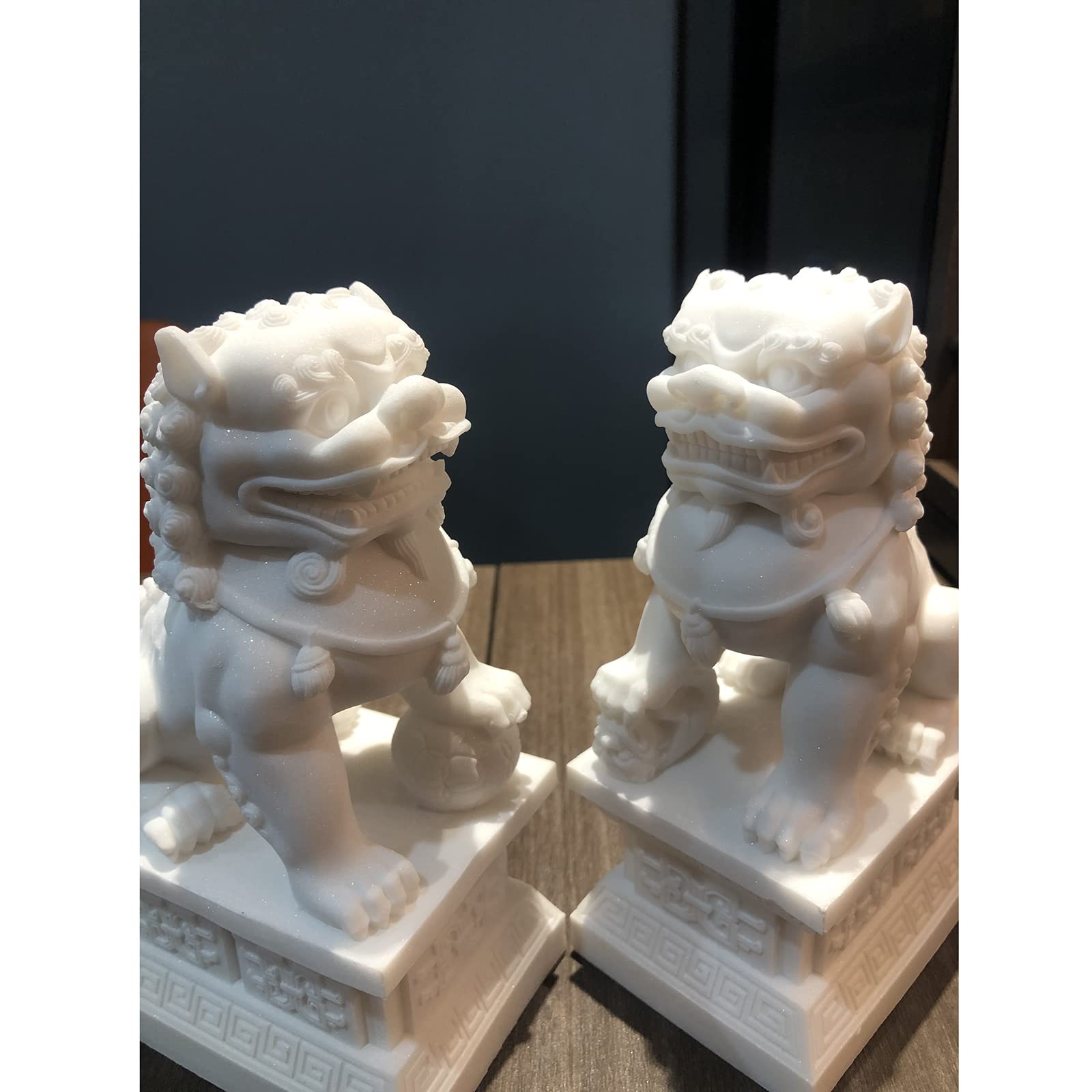 Feng Shui Wealth Prosperity Pair of Peking Fu Foo Dogs Statues White Stone Jade, Warding Off Evil Energy, Feng Shui Decor Figure,Gray,11cm - Fredhappy