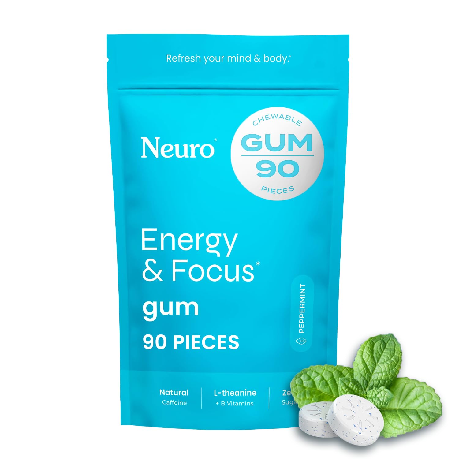 Neuro Energy & Focus Gum - 40mg Natural Caffeine Gum & Nootropic Energy Supplement with L - Theanine & B Vitamins - Sugar Free, Vegan - Peppermint, 90ct - Fredhappy