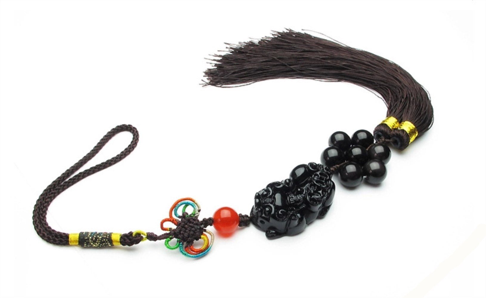 Feng Shui Black Obsidian Pi Yao Pi Xiu Car Wall Charm Hanging Tassel Ornament for Wealth Luck - Fredhappy