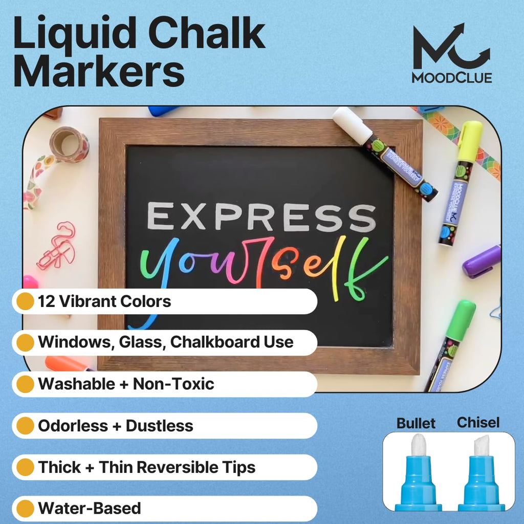 MoodClue Liquid chalk markers 12 neon erasable Whiteboards, glass boards, chalkboards, windows, mirrors, car windshields, auto, glass. Odorless, non - toxic. Wet or dry erase. Thick and thin tip - Fredhappy LLC