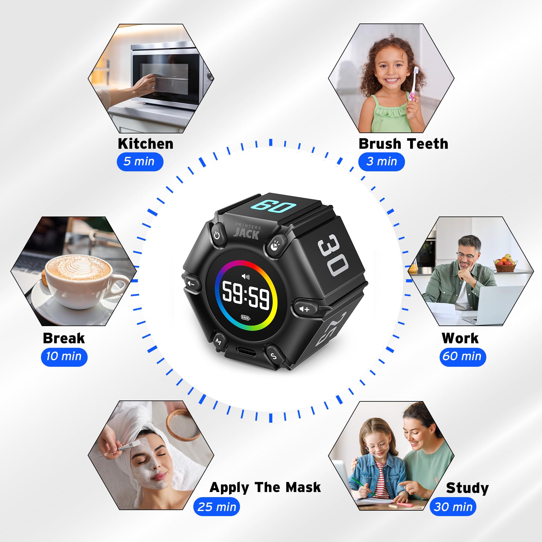 Jack Pomodoro Timer - Productivity Cube, Visual Focus Timer, Mute & Vibration & Adjustable Sound Alert, for Office, ADHD, Study, Work, 3/5/10/25/30/60min & Custom Countdown - Black - Fredhappy