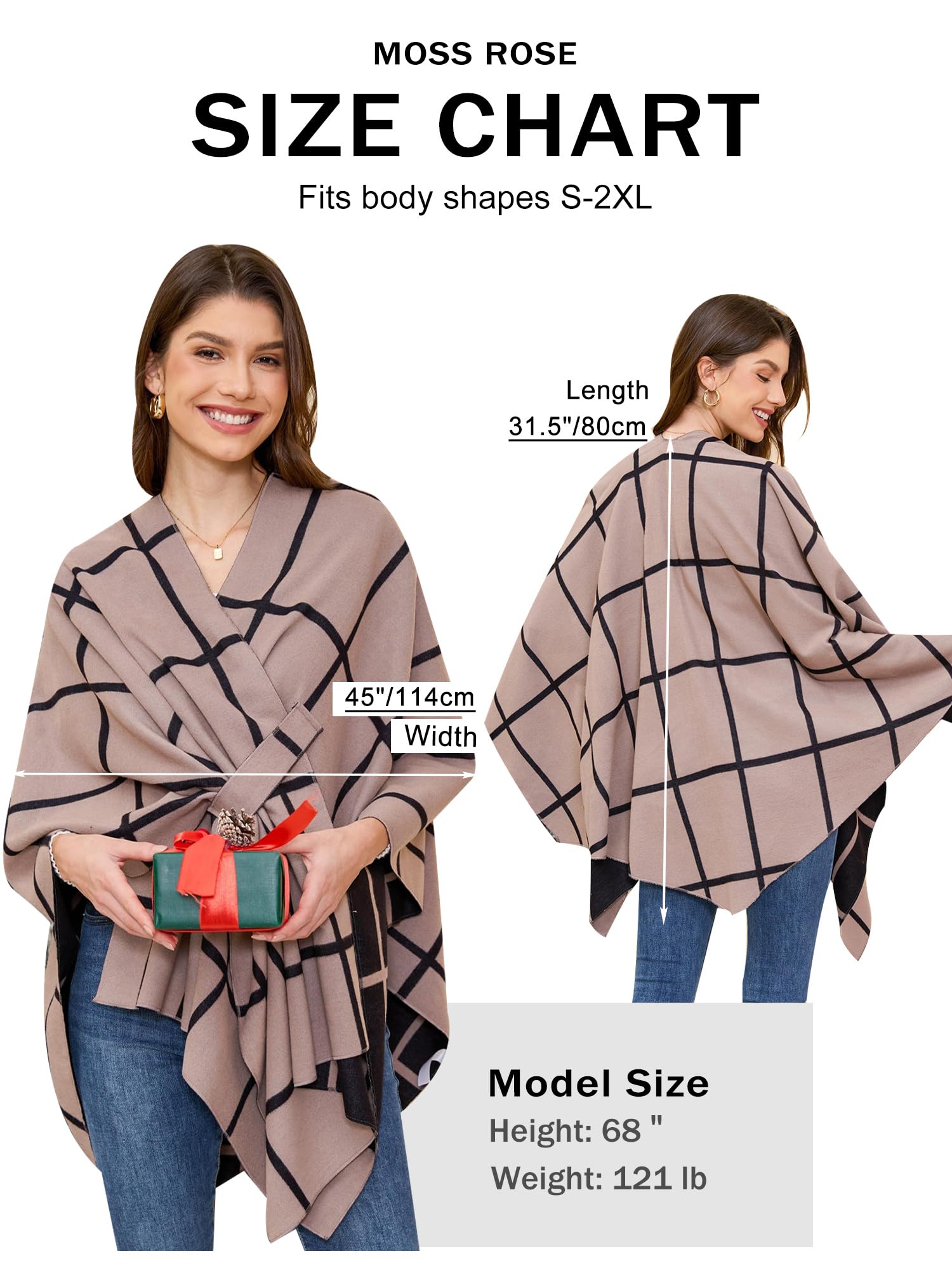 Moss Rose Women's Travel Gift Shawl Wrap Poncho Ruana Cape Open Front Cardigan for Fall Winter Holiday - Fredhappy