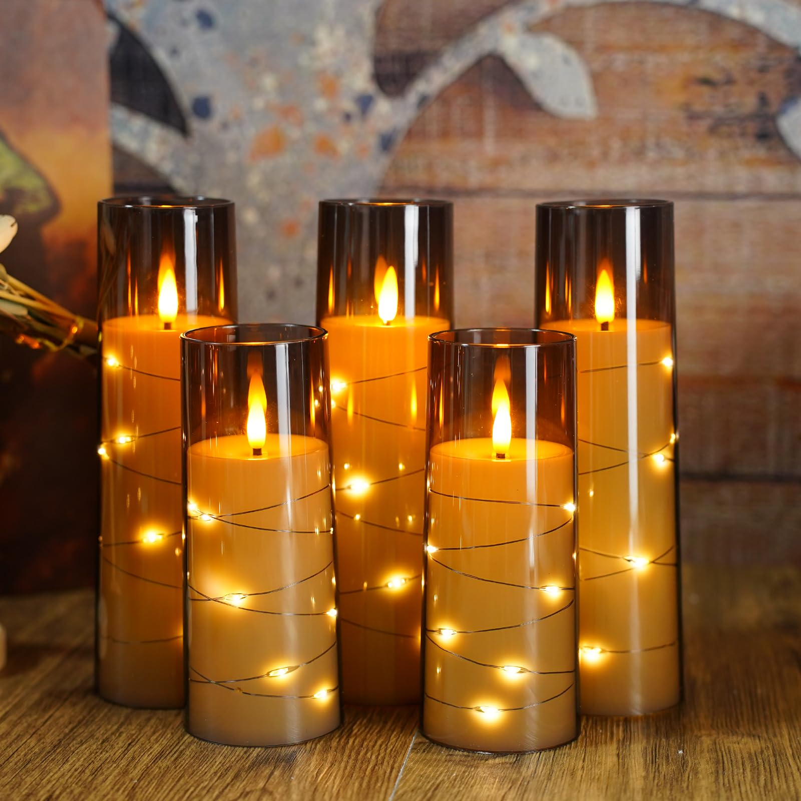 Eebuss Flameless Candles with Embedded Star String, Battery Operated LED Pillar Candles with Timer and Remote Control,Home Decorating for Ambiance， Set of 7(Grey) - Fredhappy