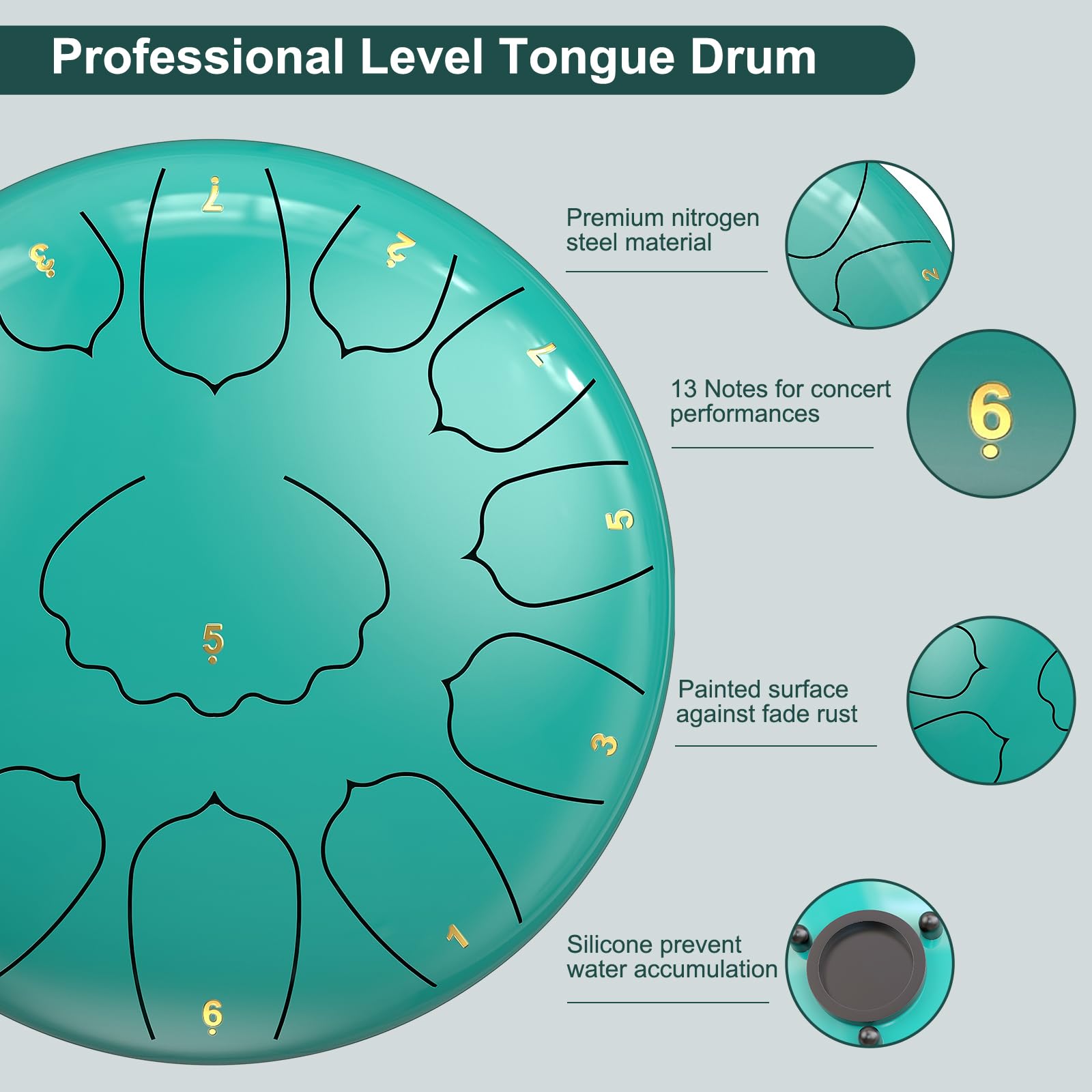 D Major Steel Tongue Drum Handpan, 12 Inch 13 Note Rain Drum for Outside Garden, Meditation Rain Chime, Musical Percussion Instrument for Adult Gift with Bag, Music Book, Drum Mallets (Lake Blue) - Fredhappy