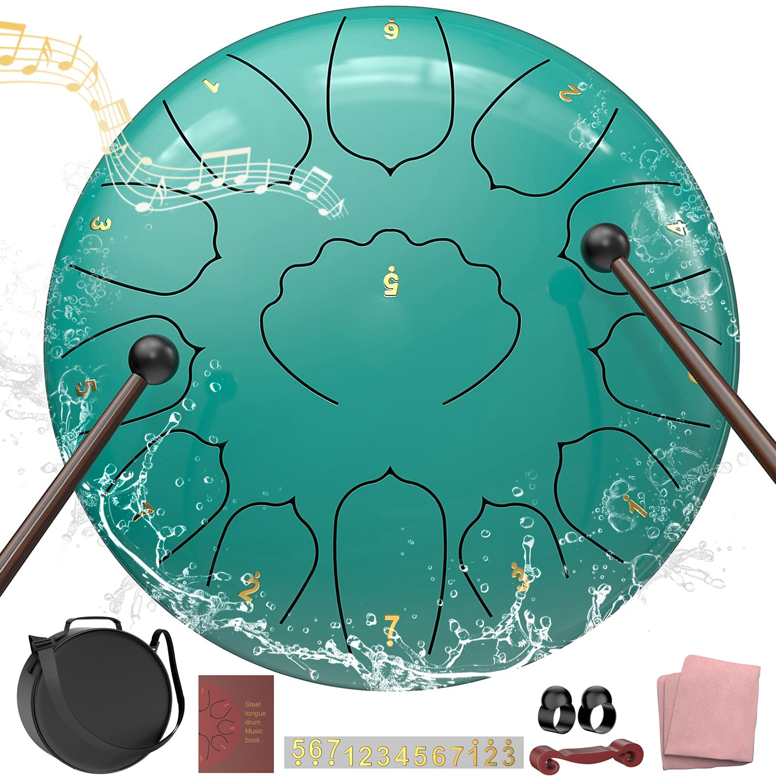 D Major Steel Tongue Drum Handpan, 12 Inch 13 Note Rain Drum for Outside Garden, Meditation Rain Chime, Musical Percussion Instrument for Adult Gift with Bag, Music Book, Drum Mallets (Lake Blue) - Fredhappy