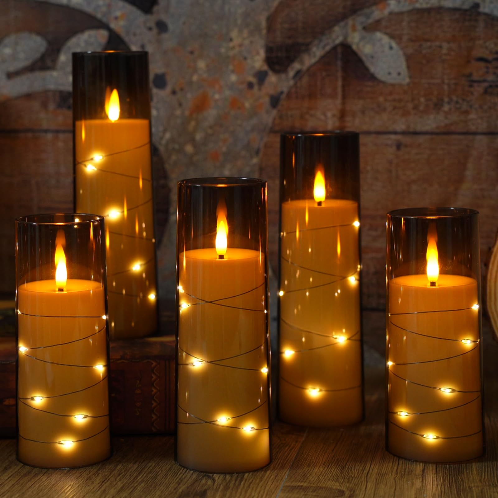 Eebuss Flameless Candles with Embedded Star String, Battery Operated LED Pillar Candles with Timer and Remote Control,Home Decorating for Ambiance， Set of 7(Grey) - Fredhappy