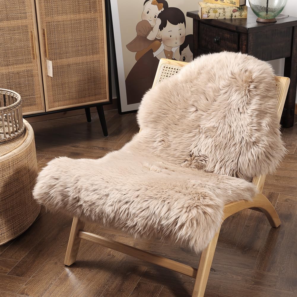 LLB Genuine Sheepskin Area Rug Wool Rug Fur Carpet Fluffy Shaggy Fur Rug for Living Room Kids Bedroom Real Sheepskin Throw Lambskin Rugs Sofa Mat Chair Seat Covers (Cream Brown, 2 x 3 ft Sheepskin) - Fredhappy