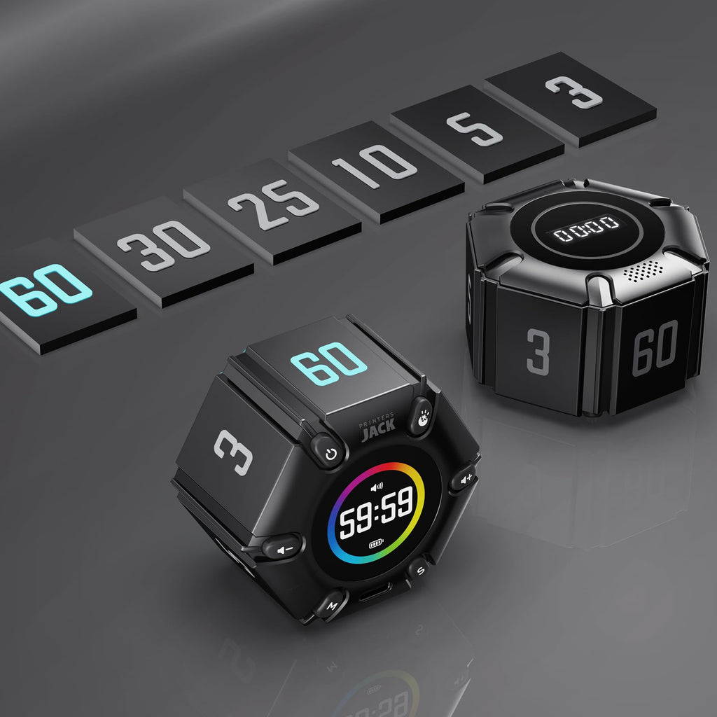 Jack Pomodoro Timer - Productivity Cube, Visual Focus Timer, Mute & Vibration & Adjustable Sound Alert, for Office, ADHD, Study, Work, 3/5/10/25/30/60min & Custom Countdown - Black - Fredhappy