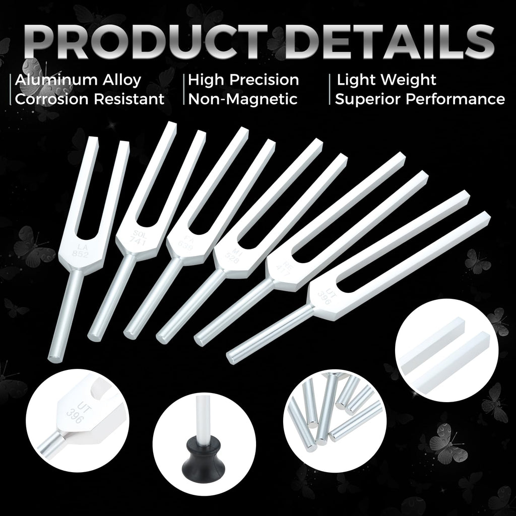Tuning Fork Set of 6 (UT 396 Hz, RE 417 Hz, MI 528 Hz, SOL 639 HZ, FA 741 HZ, LA 852 HZ) for Sound, Musical Instrument, with Wooden Hammer and Soft Storage Bag - Fredhappy