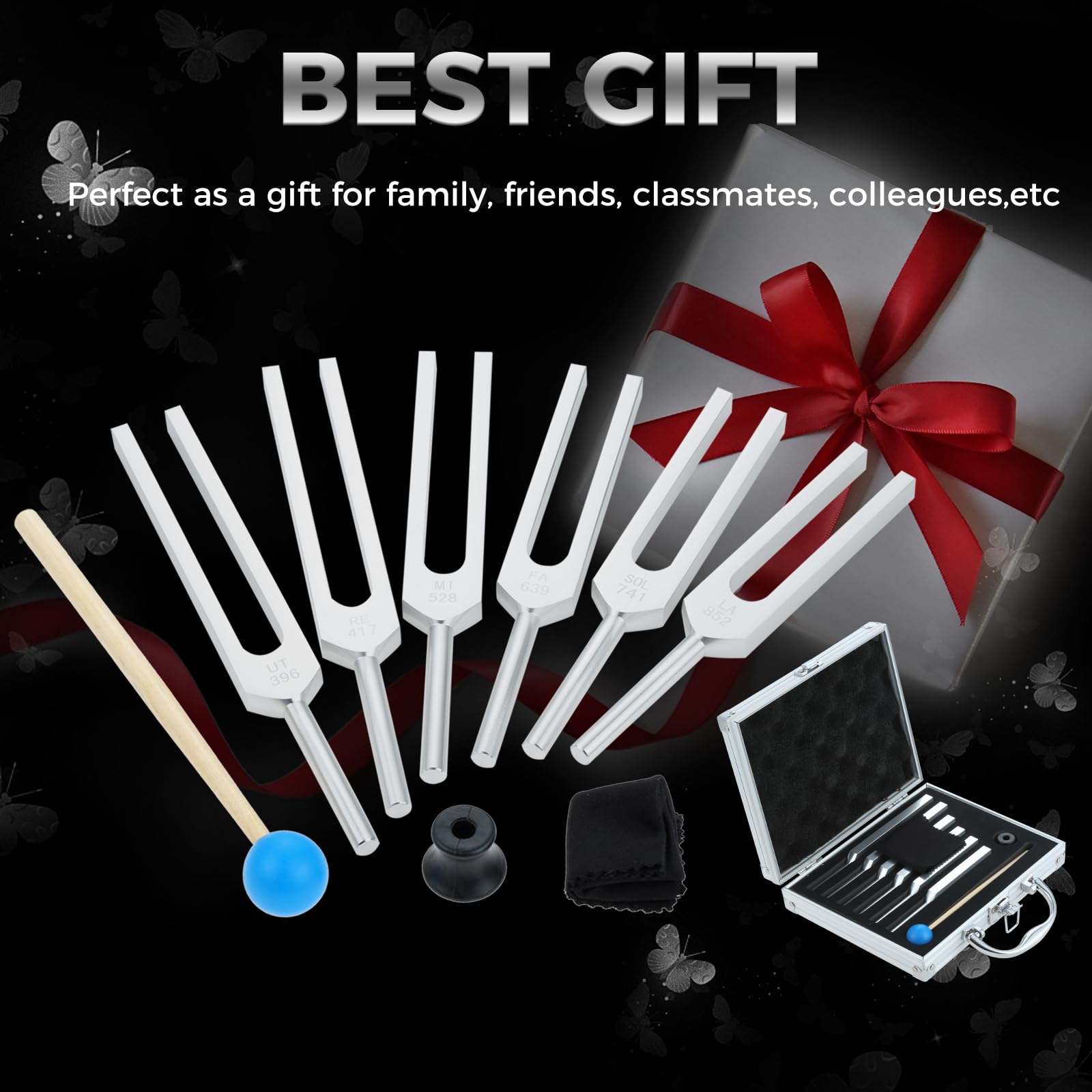 Tuning Fork Set of 6 (UT 396 Hz, RE 417 Hz, MI 528 Hz, SOL 639 HZ, FA 741 HZ, LA 852 HZ) for Sound, Musical Instrument, with Wooden Hammer and Soft Storage Bag - Fredhappy