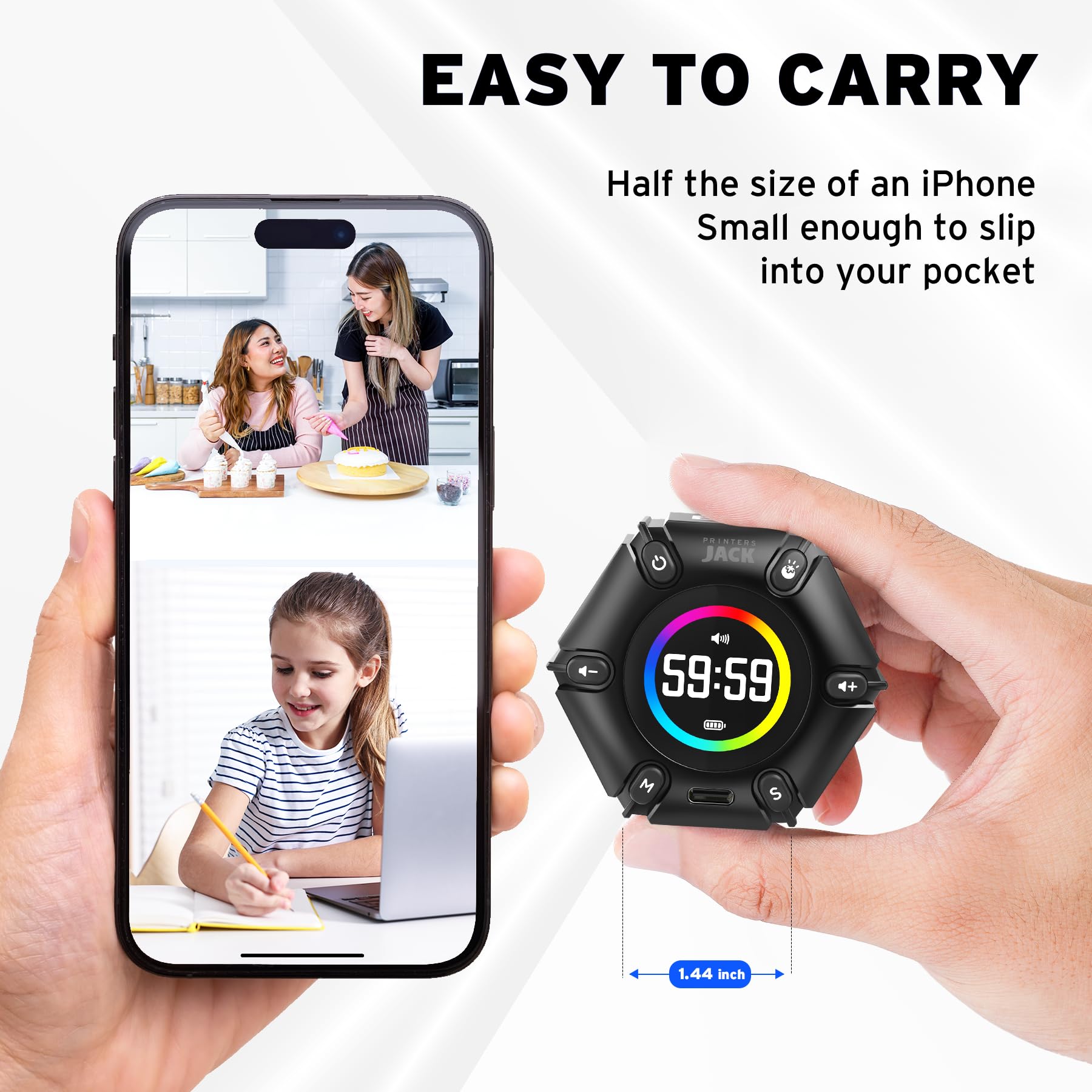 Jack Pomodoro Timer - Productivity Cube, Visual Focus Timer, Mute & Vibration & Adjustable Sound Alert, for Office, ADHD, Study, Work, 3/5/10/25/30/60min & Custom Countdown - Black - Fredhappy