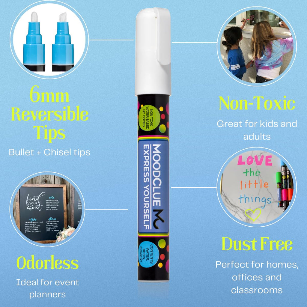 MoodClue Liquid chalk markers 12 neon erasable Whiteboards, glass boards, chalkboards, windows, mirrors, car windshields, auto, glass. Odorless, non - toxic. Wet or dry erase. Thick and thin tip - Fredhappy LLC