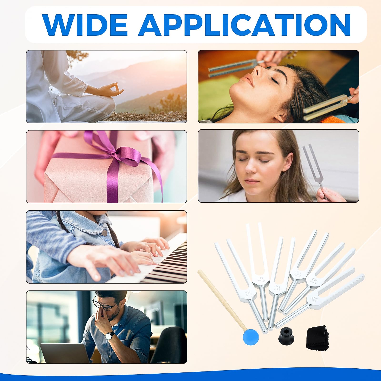 Tuning Fork Set of 6 (UT 396 Hz, RE 417 Hz, MI 528 Hz, SOL 639 HZ, FA 741 HZ, LA 852 HZ) for Sound, Musical Instrument, with Wooden Hammer and Soft Storage Bag - Fredhappy