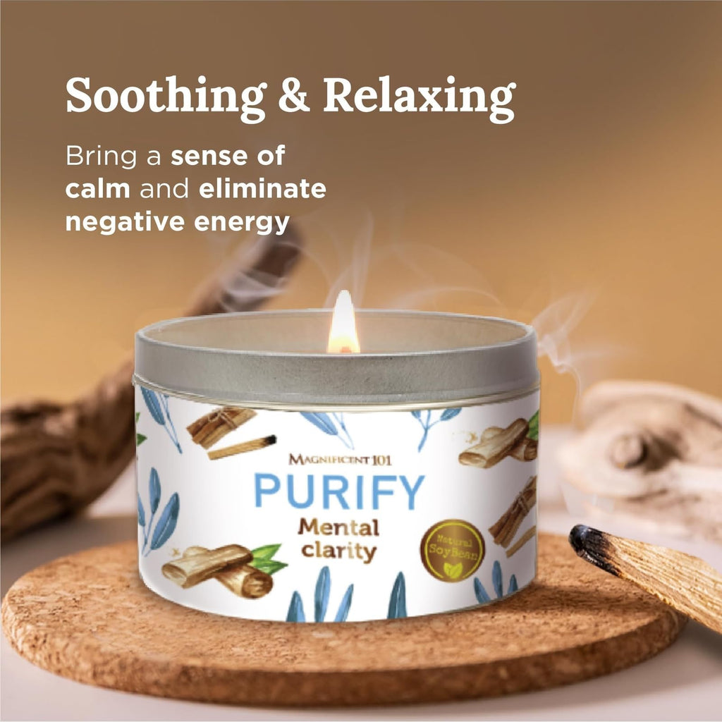 MAGNIFICENT 101 Sage Aromatherapy Candle for Meditation & Focus - 6 Oz Off - White Tin 35 - Hour Burn - Soy Wax, Palo Santo, Lavender & Sandalwood - Candles for Purifying & Energy Cleansing - Fredhappy