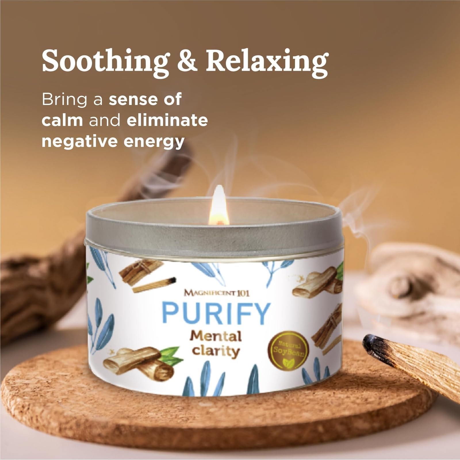 MAGNIFICENT 101 Sage Aromatherapy Candle for Meditation & Focus - 6 Oz Off - White Tin 35 - Hour Burn - Soy Wax, Palo Santo, Lavender & Sandalwood - Candles for Purifying & Energy Cleansing - Fredhappy