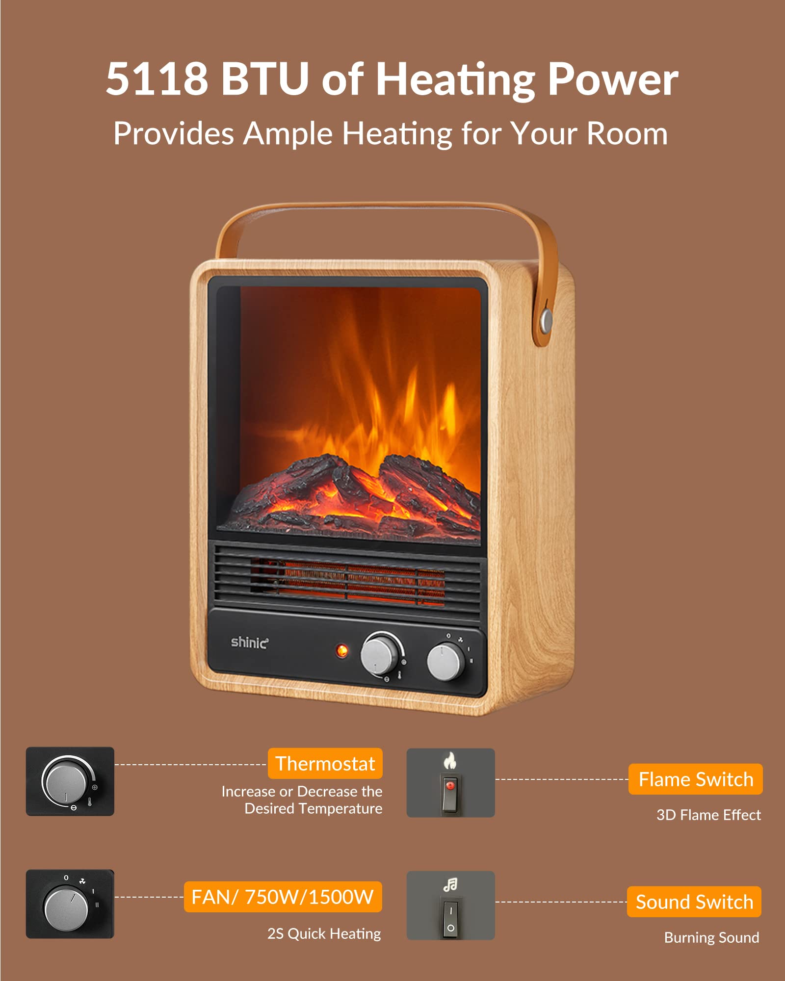 Shinic Electric Fireplace Heaters for Indoor Use,1500W Space Heater with Crackling Sound & 3D Realistic Flame, Safety Protection, Portable Fireplace Heater for Home Office Christmas Decoration, Oak - Fredhappy