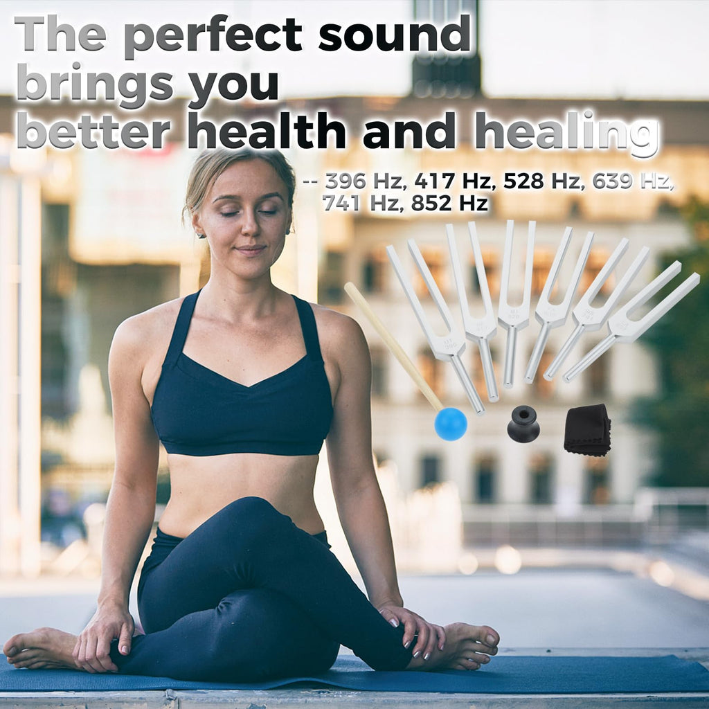 Tuning Fork Set of 6 (UT 396 Hz, RE 417 Hz, MI 528 Hz, SOL 639 HZ, FA 741 HZ, LA 852 HZ) for Sound, Musical Instrument, with Wooden Hammer and Soft Storage Bag - Fredhappy