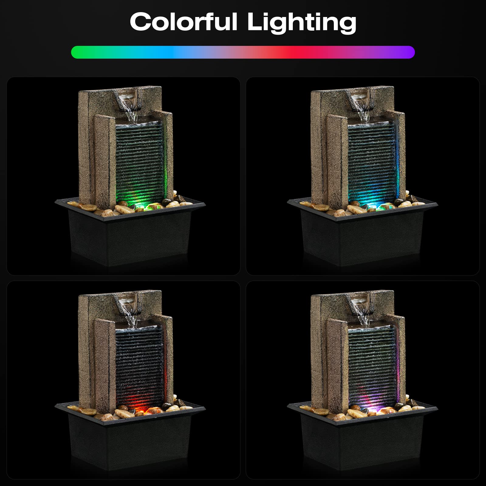 Amootek Tabletop Fountain Relaxing Tabletop Waterfall Fountain with Natural River Rocks & Color - Changing LED Lights - Indoor Zen Office/Home Decor Water Feature, 6.3"x 5.12"x 8.66" - Fredhappy