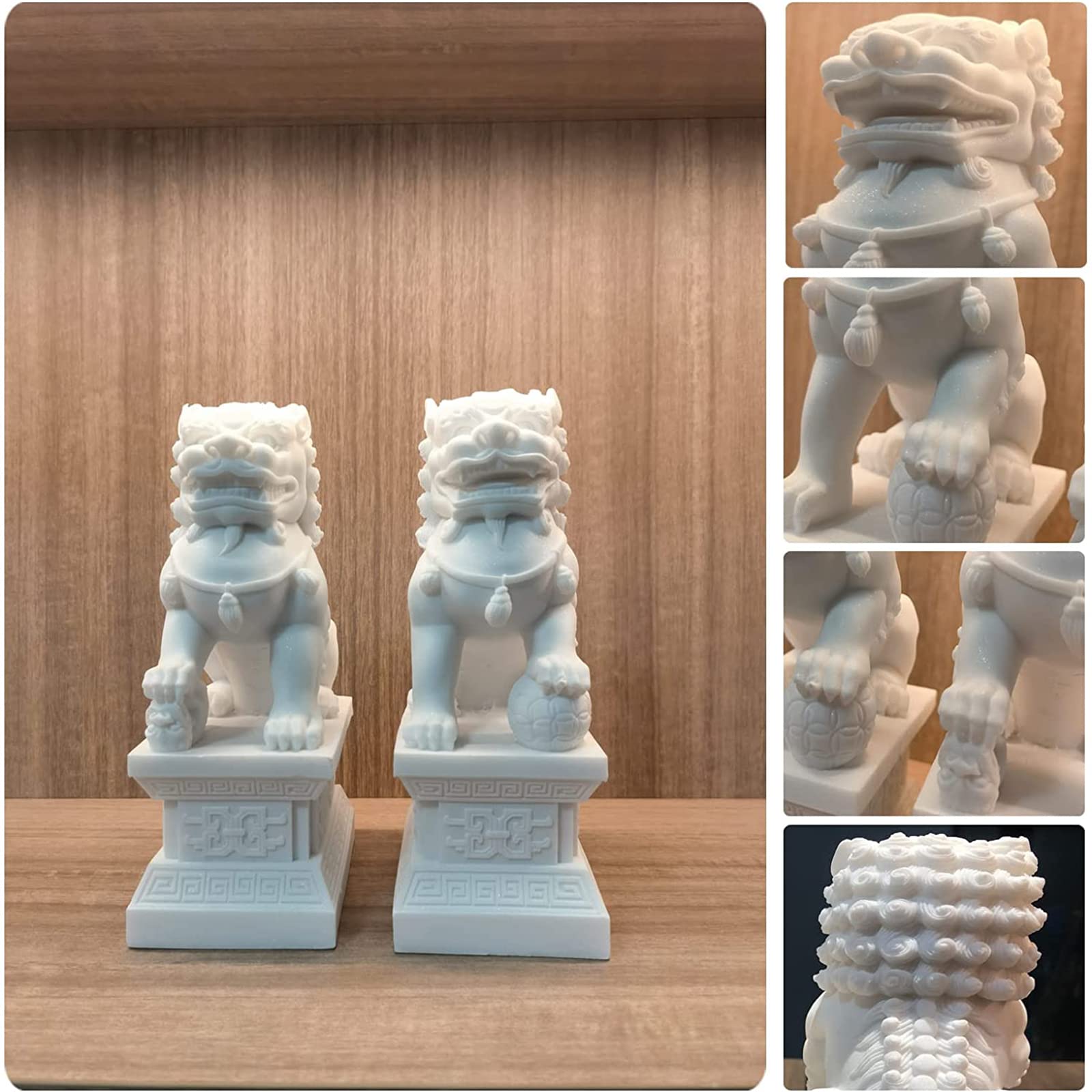 Feng Shui Wealth Prosperity Pair of Peking Fu Foo Dogs Statues White Stone Jade, Warding Off Evil Energy, Feng Shui Decor Figure,Gray,11cm - Fredhappy
