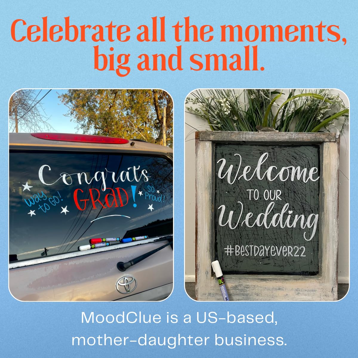 MoodClue Liquid chalk markers 12 neon erasable Whiteboards, glass boards, chalkboards, windows, mirrors, car windshields, auto, glass. Odorless, non - toxic. Wet or dry erase. Thick and thin tip - Fredhappy LLC