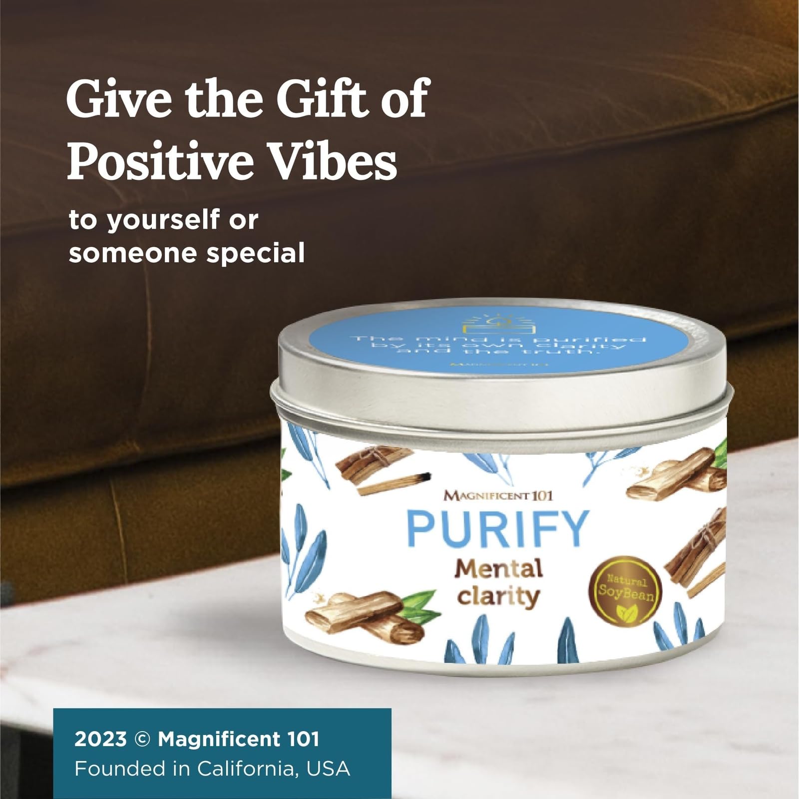 MAGNIFICENT 101 Sage Aromatherapy Candle for Meditation & Focus - 6 Oz Off - White Tin 35 - Hour Burn - Soy Wax, Palo Santo, Lavender & Sandalwood - Candles for Purifying & Energy Cleansing - Fredhappy