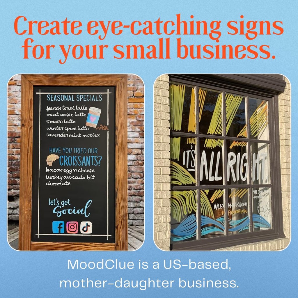 MoodClue Liquid chalk markers 12 neon erasable Whiteboards, glass boards, chalkboards, windows, mirrors, car windshields, auto, glass. Odorless, non - toxic. Wet or dry erase. Thick and thin tip - Fredhappy LLC