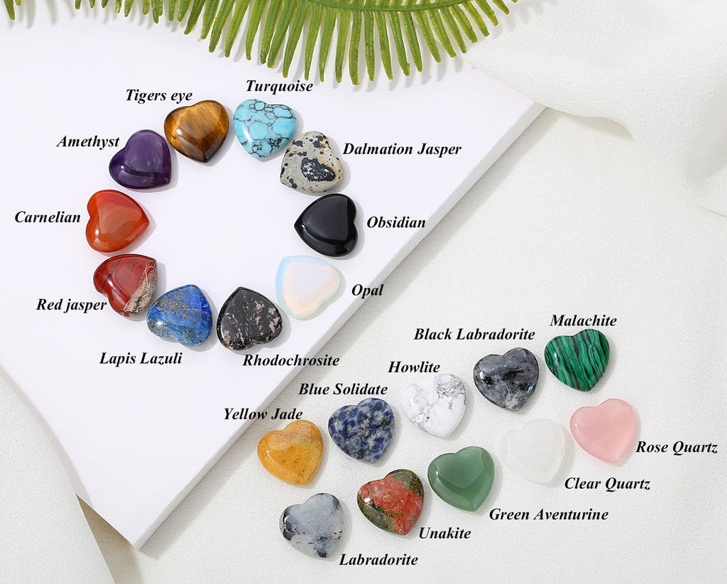 YATOJUZI 20PCS Natural Crystals and Healing Stones Set Bulk Gifts Heart Gems Gemstones Crystal Hearts Polished Thumb Pocket Chakra Stone Amethyst Rose Quartz Reiki Christmas Gifts for Women Men 0.8" - Fredhappy