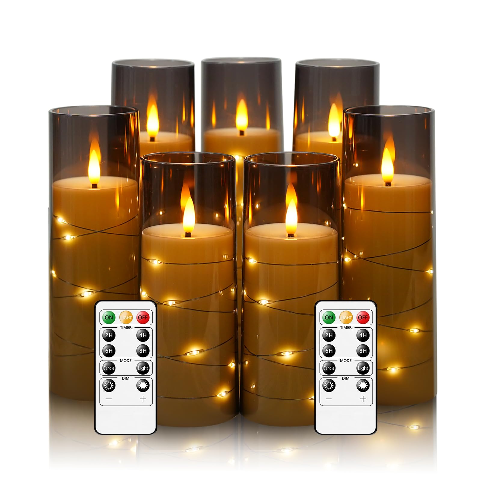 Eebuss Flameless Candles with Embedded Star String, Battery Operated LED Pillar Candles with Timer and Remote Control,Home Decorating for Ambiance， Set of 7(Grey) - Fredhappy