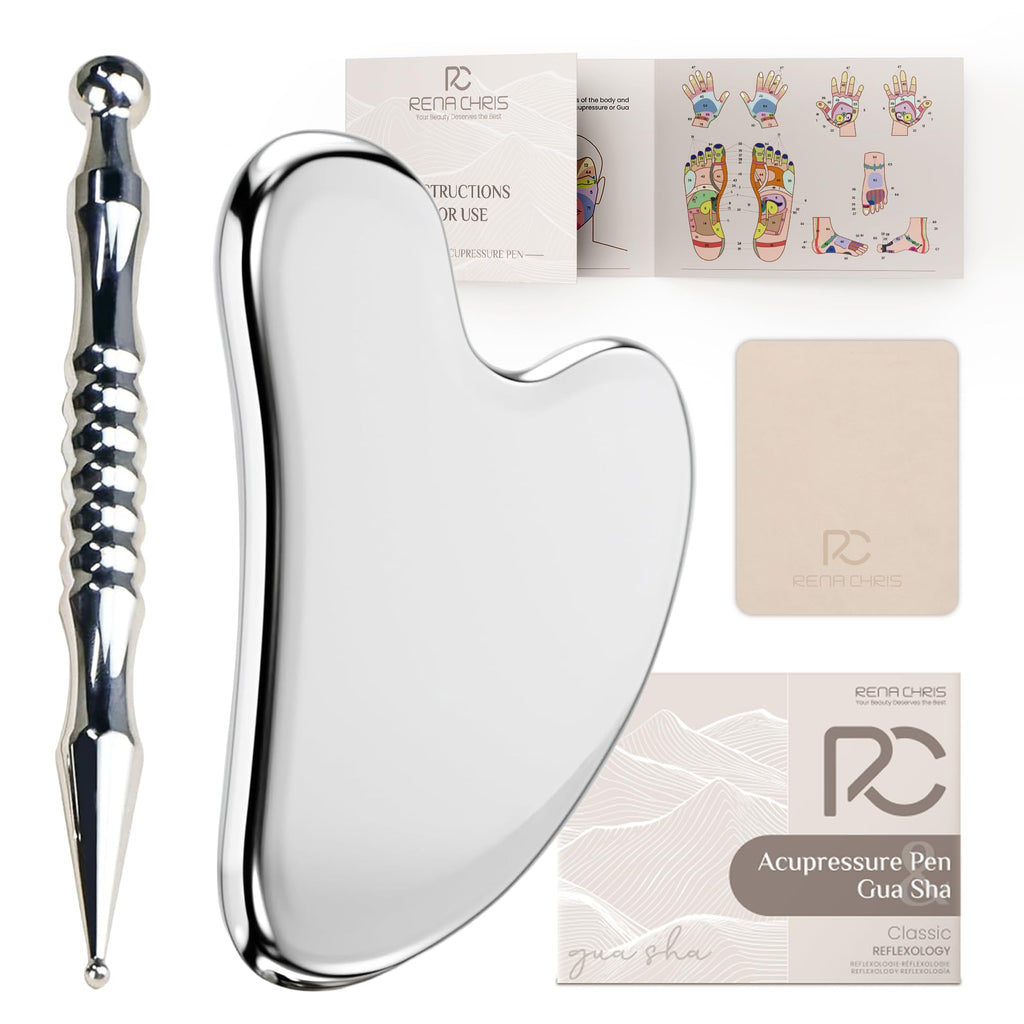 Rena Chris Acupuncture Pen, Manual Reflexology Tools for Muscle Tension and Pain Relief, Acupressure Pen and Stainless Steel Gua Sha Set with Reflexology Chart, Easy to Use - Fredhappy LLC