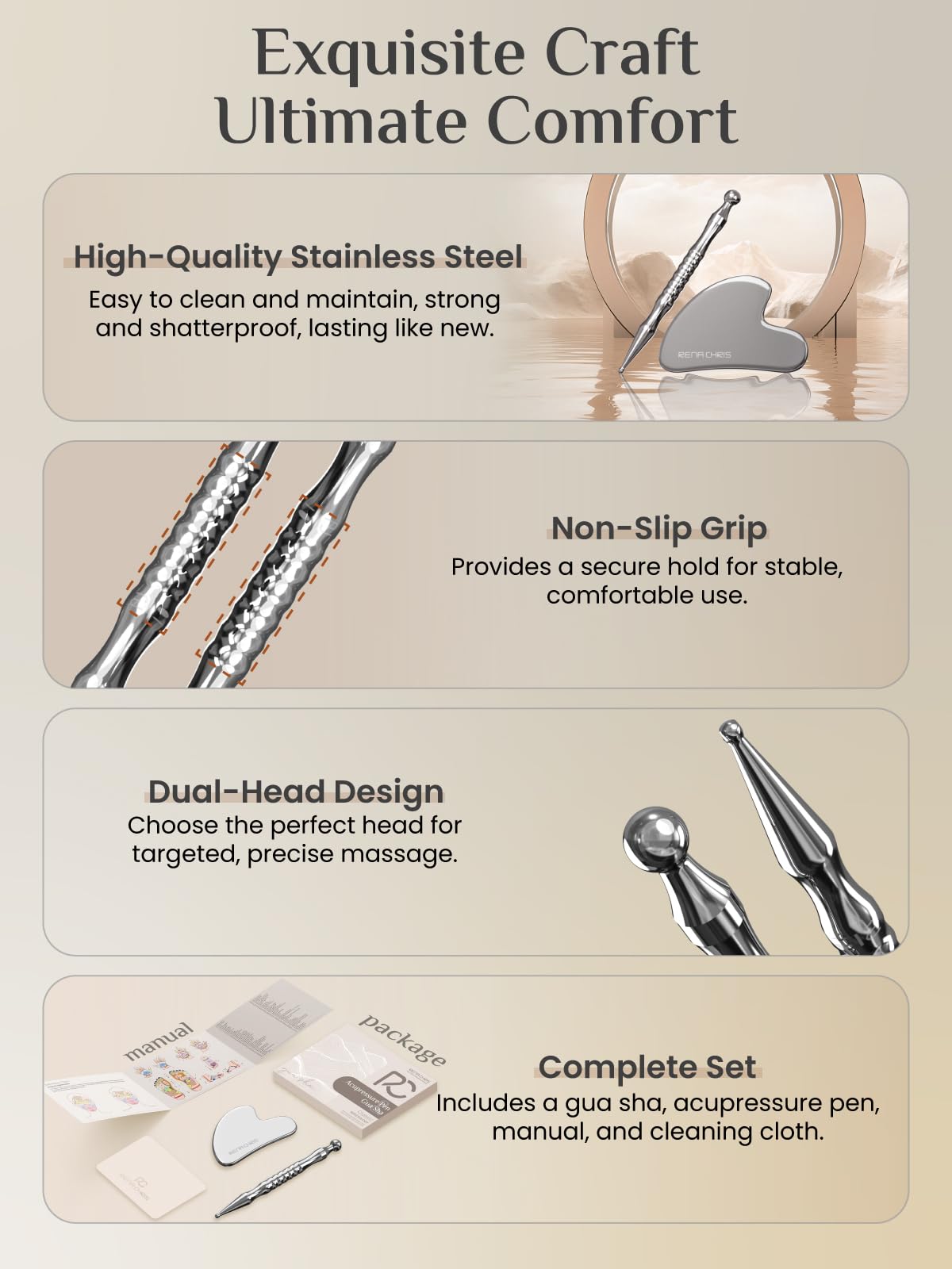 Rena Chris Acupuncture Pen, Manual Reflexology Tools for Muscle Tension and Pain Relief, Acupressure Pen and Stainless Steel Gua Sha Set with Reflexology Chart, Easy to Use - Fredhappy LLC