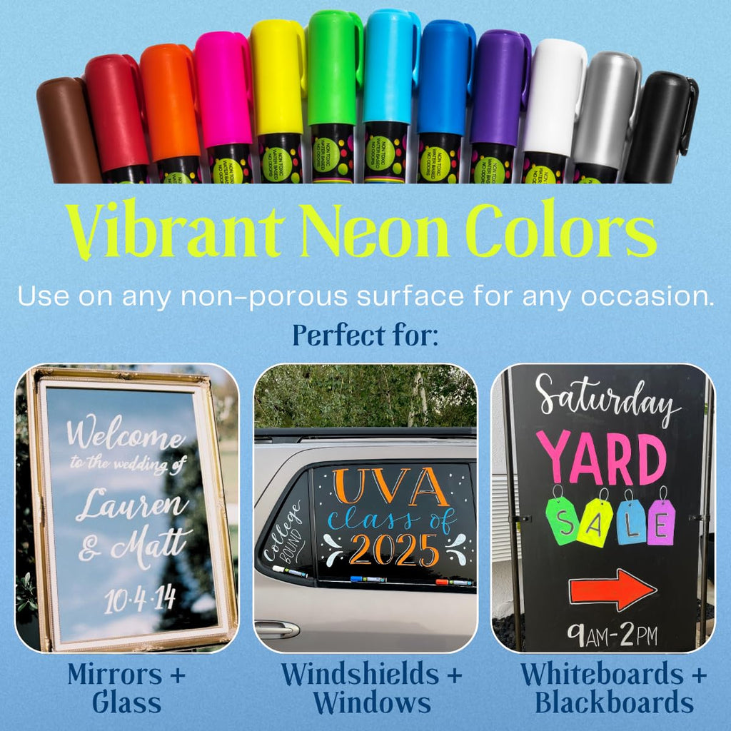 MoodClue Liquid chalk markers 12 neon erasable Whiteboards, glass boards, chalkboards, windows, mirrors, car windshields, auto, glass. Odorless, non - toxic. Wet or dry erase. Thick and thin tip - Fredhappy LLC