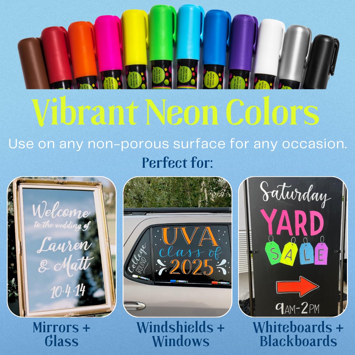 MoodClue Liquid chalk markers 12 neon erasable Whiteboards, glass boards, chalkboards, windows, mirrors, car windshields, auto, glass. Odorless, non - toxic. Wet or dry erase. Thick and thin tip - Fredhappy LLC