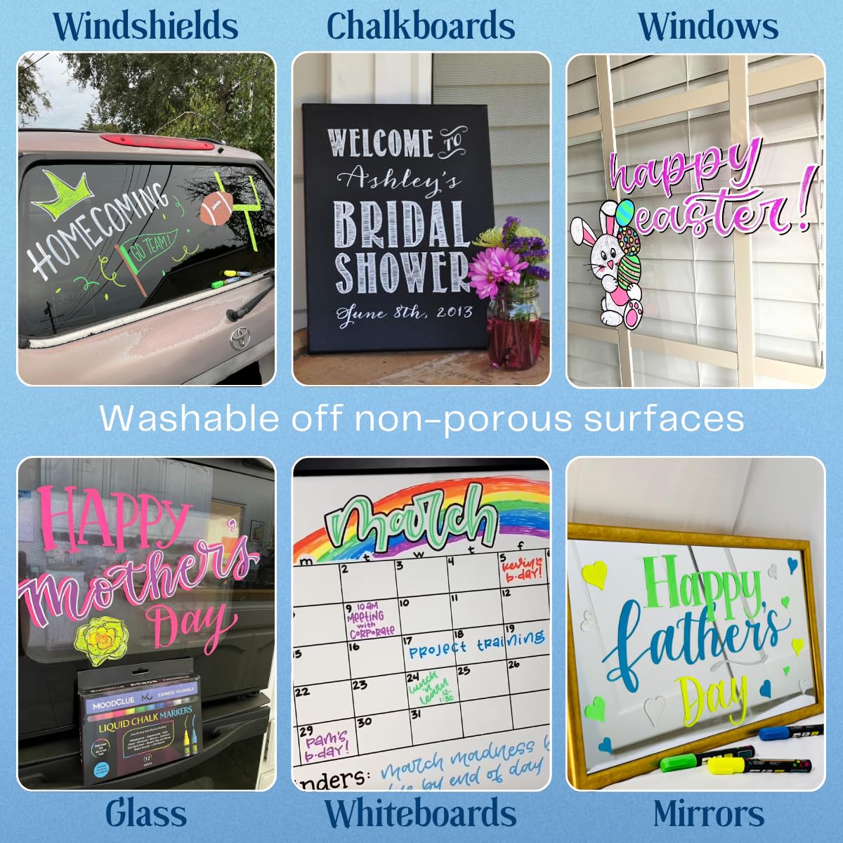 MoodClue Liquid chalk markers 12 neon erasable Whiteboards, glass boards, chalkboards, windows, mirrors, car windshields, auto, glass. Odorless, non - toxic. Wet or dry erase. Thick and thin tip - Fredhappy LLC