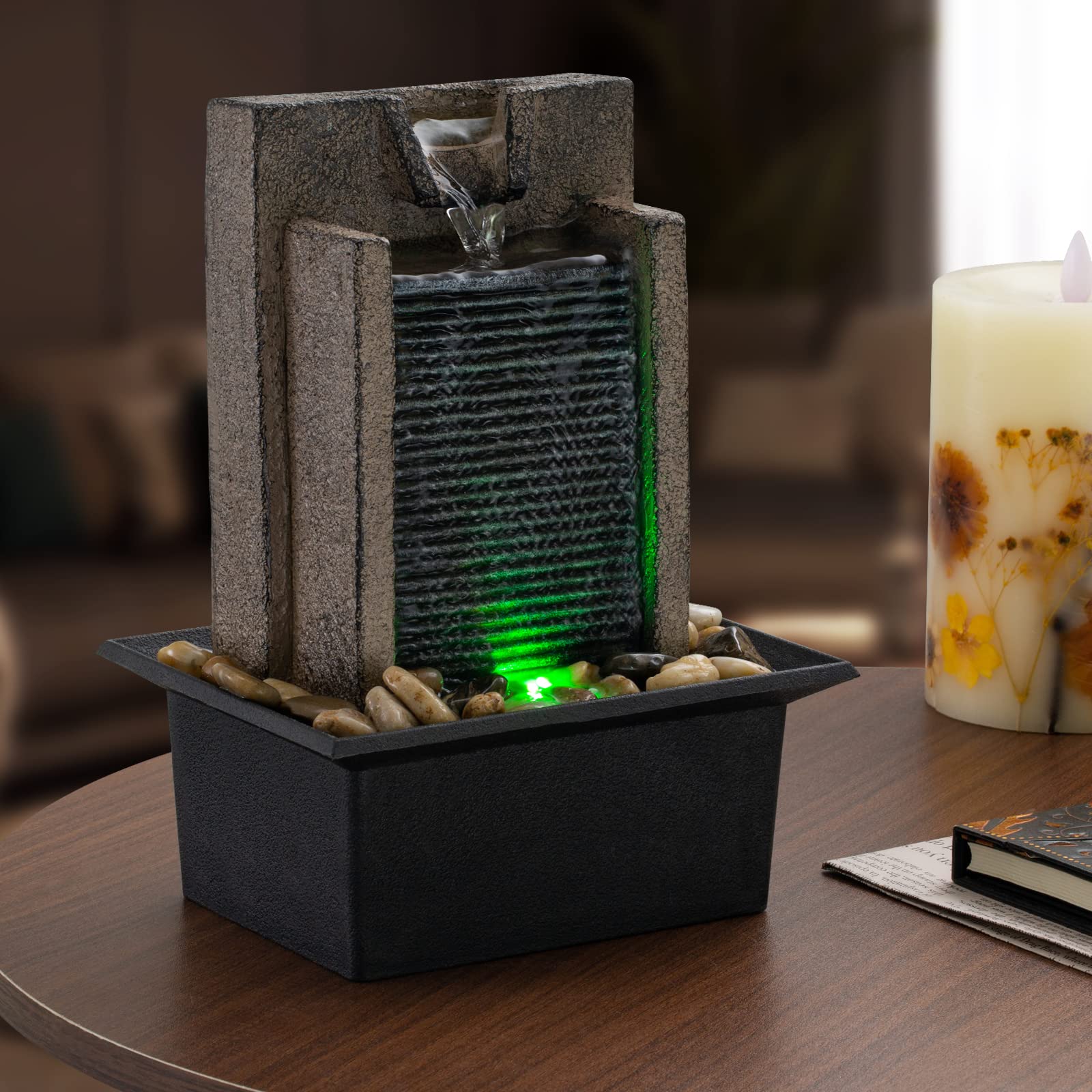 Amootek Tabletop Fountain Relaxing Tabletop Waterfall Fountain with Natural River Rocks & Color - Changing LED Lights - Indoor Zen Office/Home Decor Water Feature, 6.3"x 5.12"x 8.66" - Fredhappy